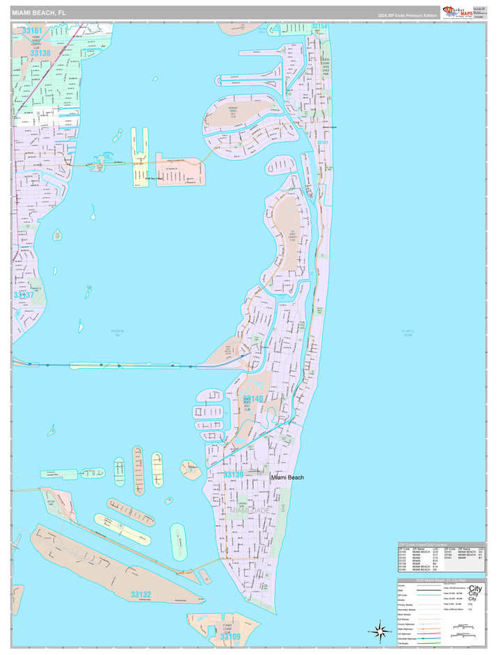 Premium Style Wall Map of Miami Beach FL.