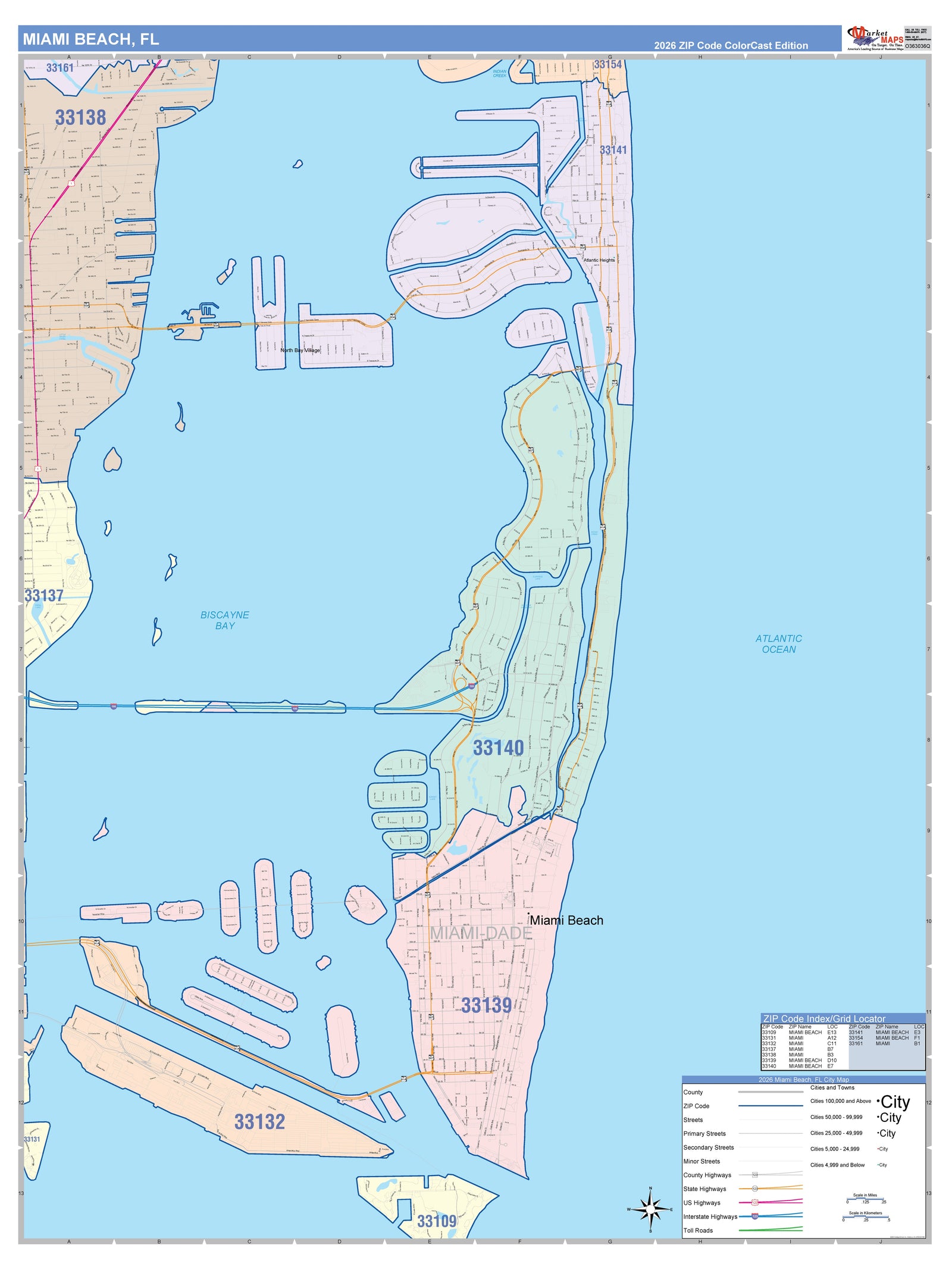 Colorcast Zip Code Style Wall Map of Miami Beach FL
