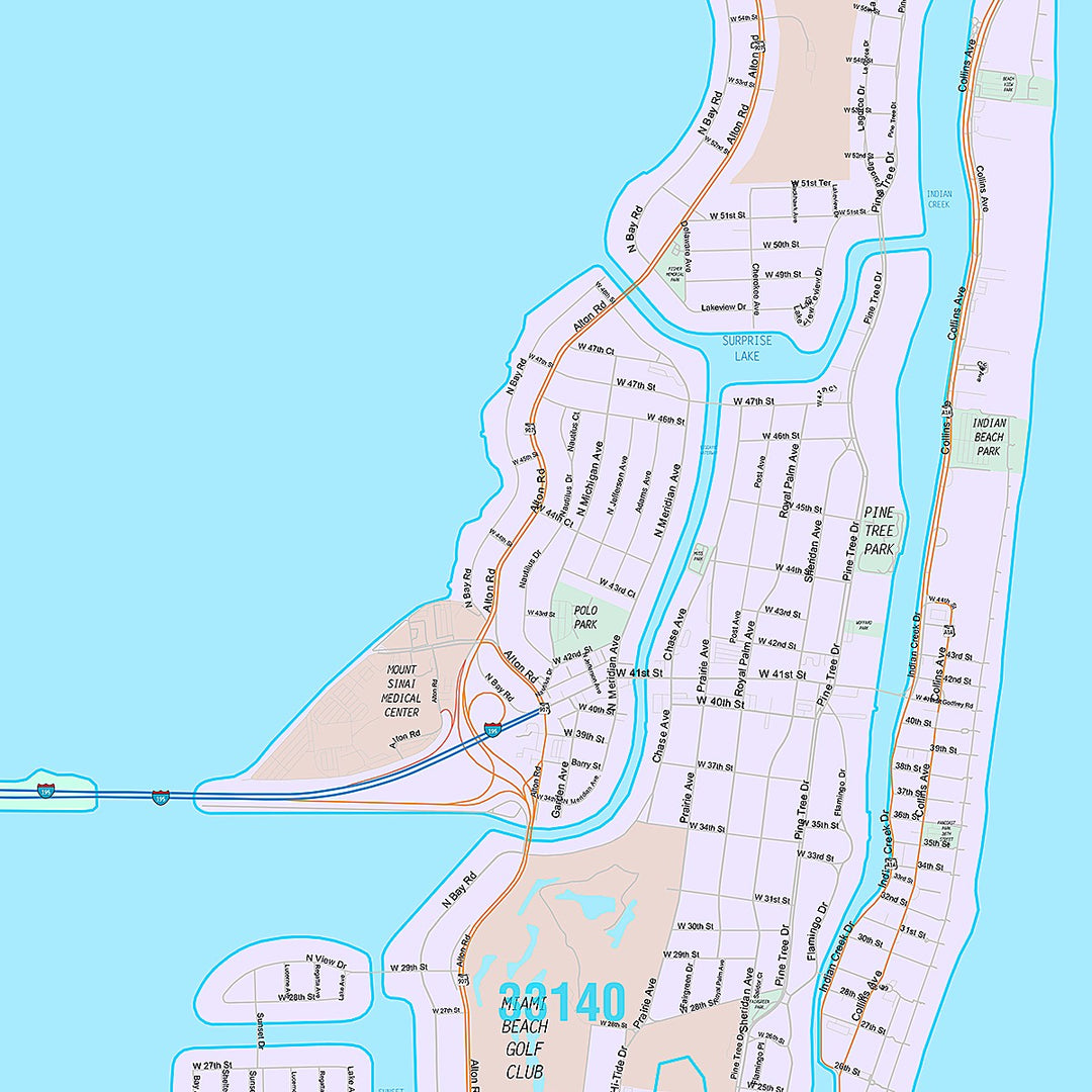Premium Style Wall Map of Miami Beach FL.