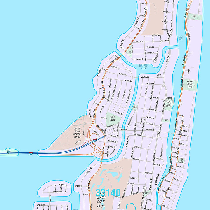 Premium Style Wall Map of Miami Beach FL.