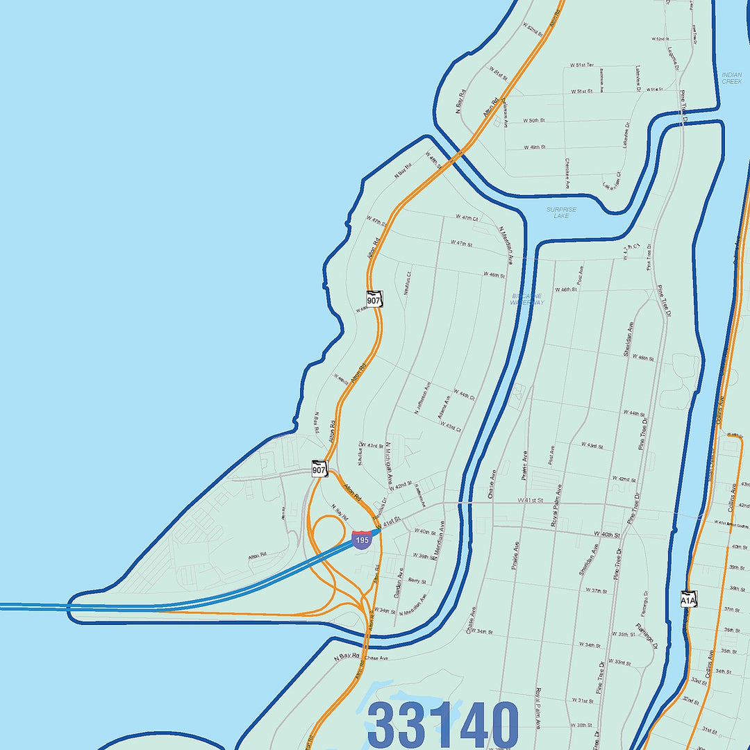 Colorcast Zip Code Style Wall Map of Miami Beach, FL – American Map Store