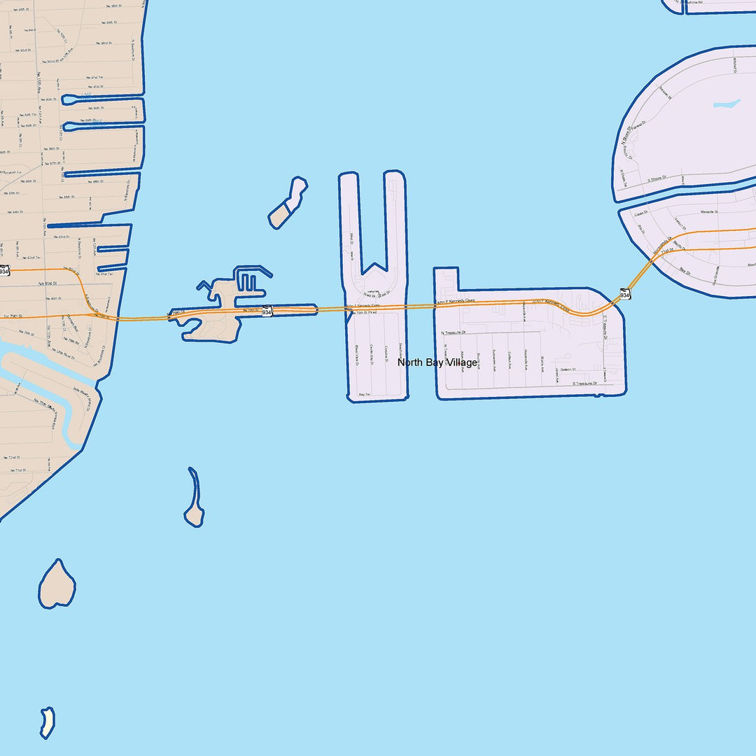 Colorcast Zip Code Style Wall Map of Miami Beach FL