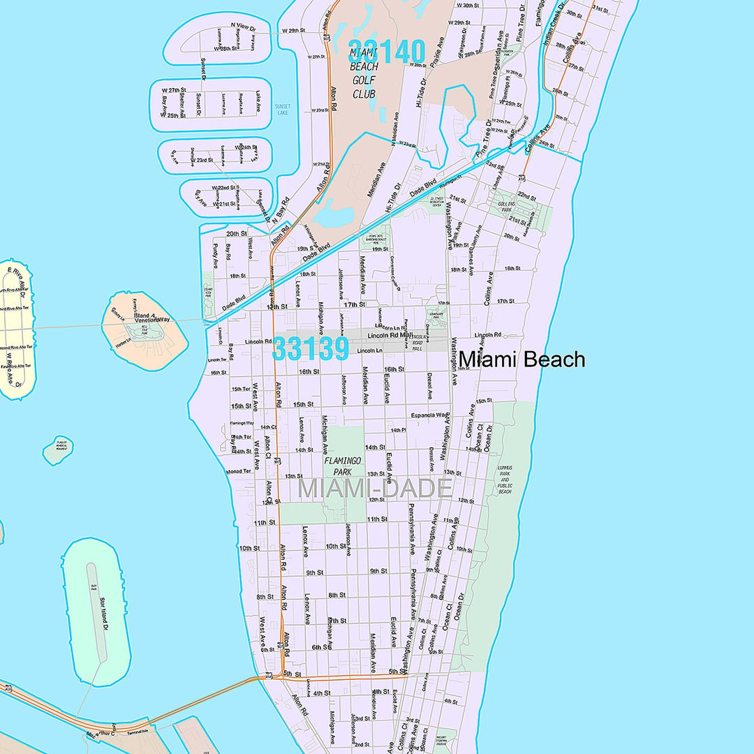 Premium Style Wall Map of Miami Beach FL.