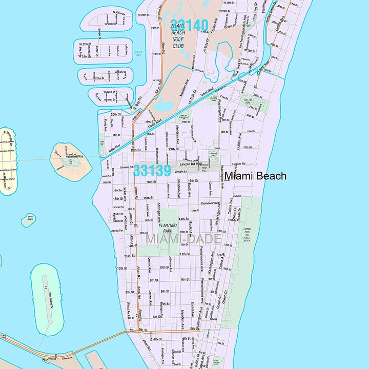 Premium Style Wall Map of Miami Beach FL.