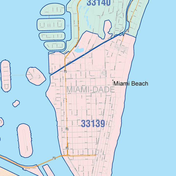 Colorcast Zip Code Style Wall Map of Miami Beach FL