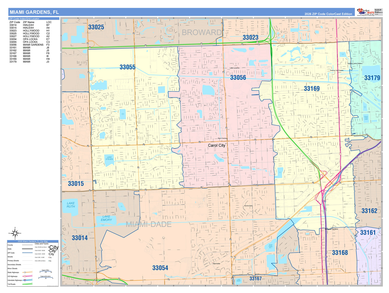 Color Cast Zip Code Style Wall Map of Miami Gardens, FL