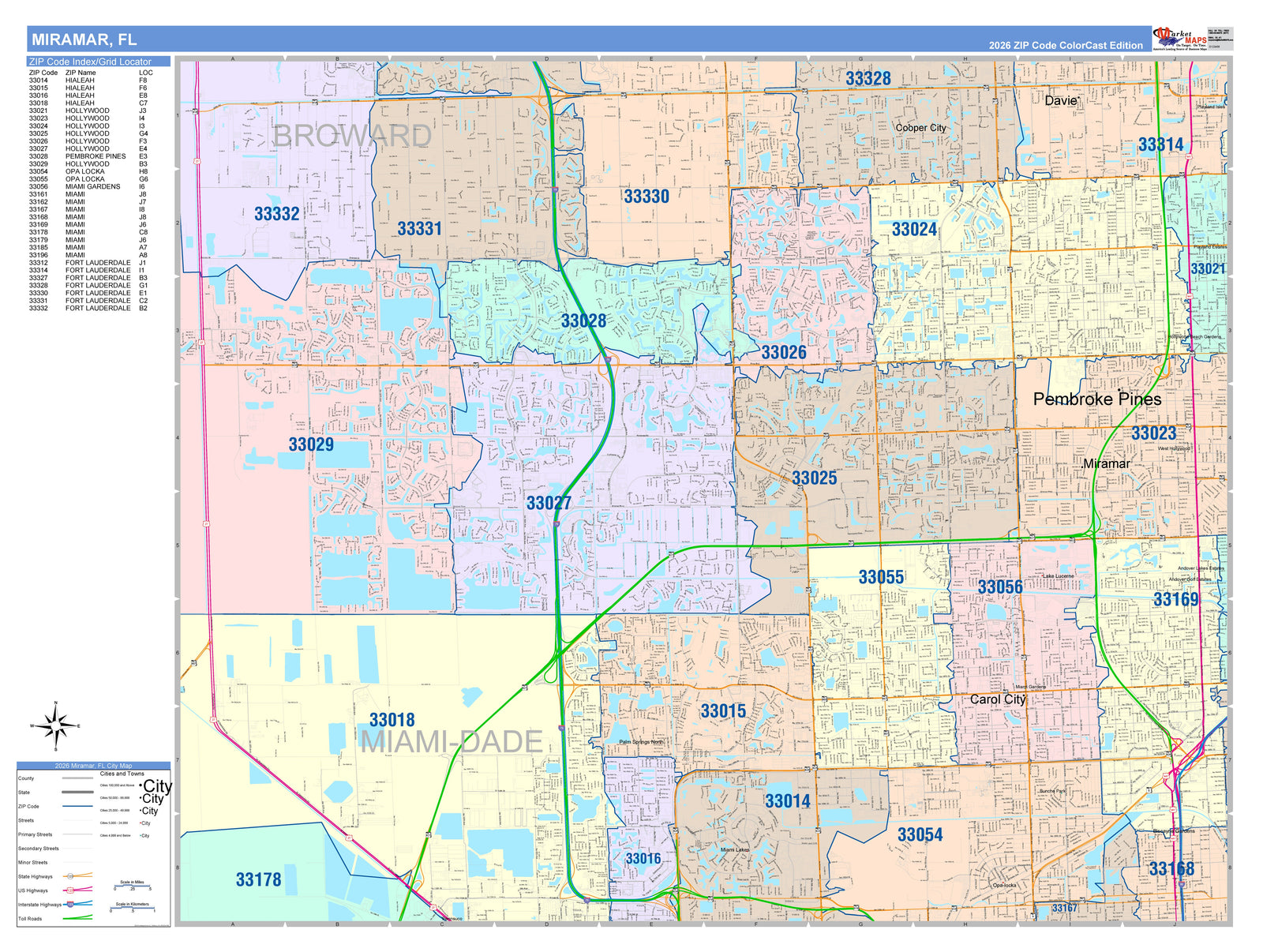 Color Cast Zip Code Style Wall Map of Miramar, FL