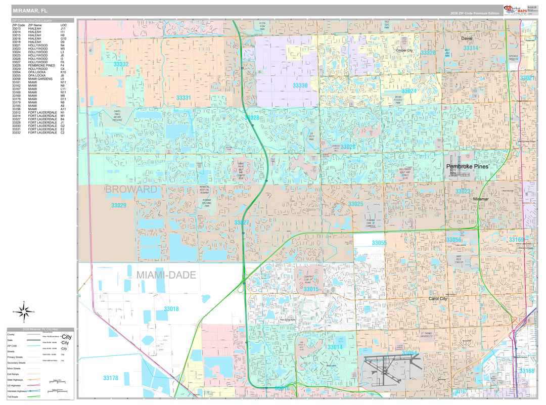 Premium Style Wall Map of Miramar, FL