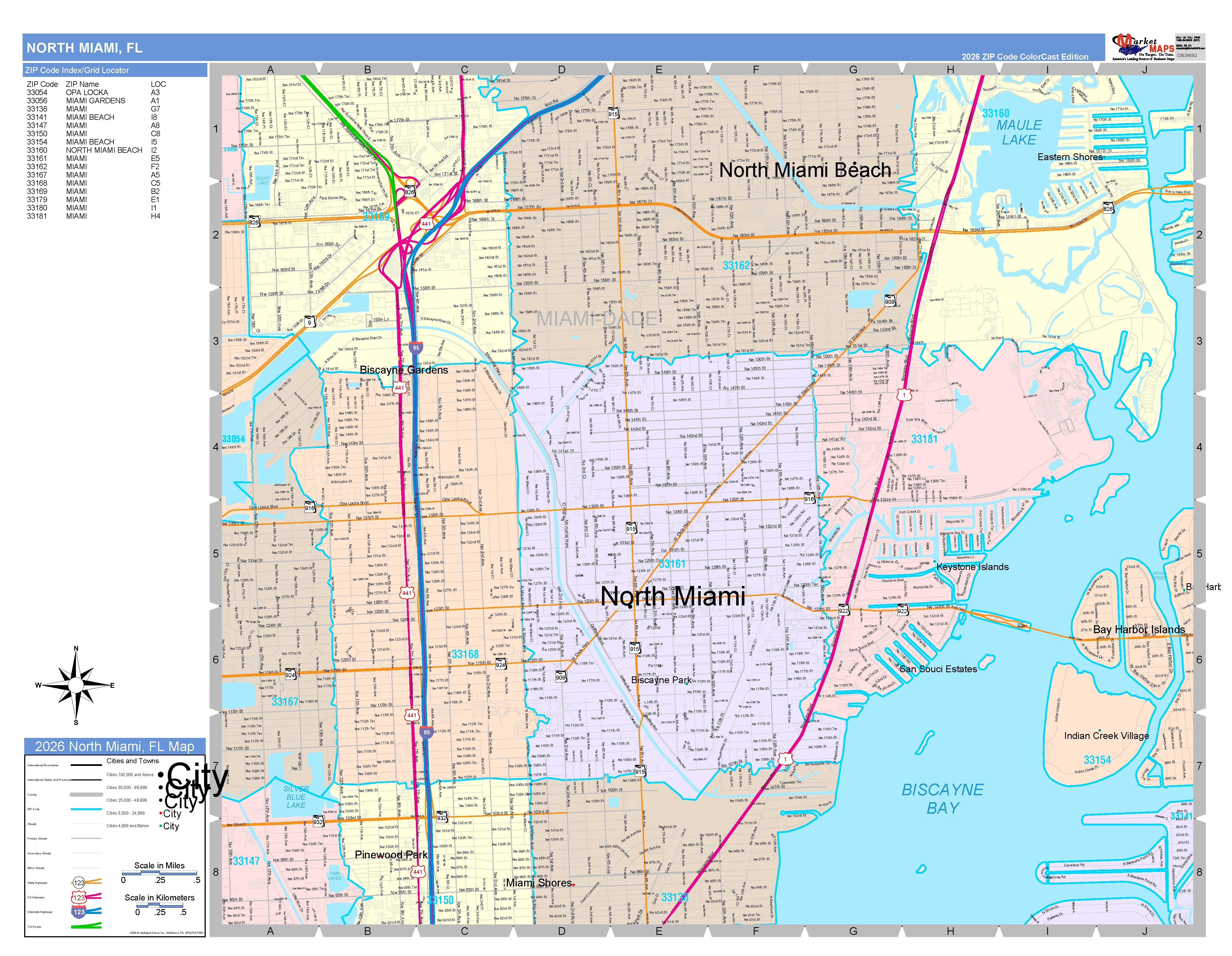 Color Cast Zip Code Style Wall Map of North Miami, FL – American Map Store