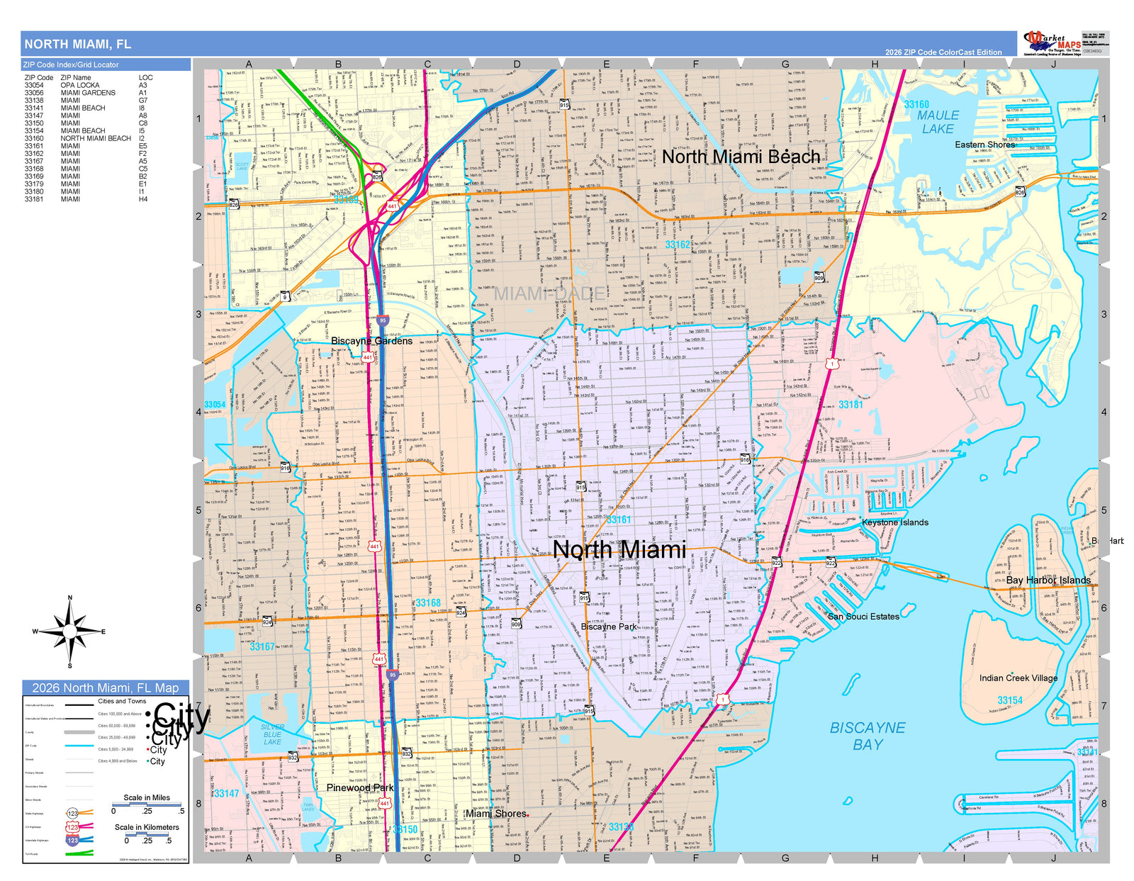 Color Cast Zip Code Style Wall Map of North Miami, FL