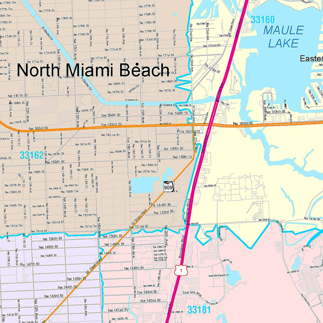 Color Cast Zip Code Style Wall Map of North Miami, FL