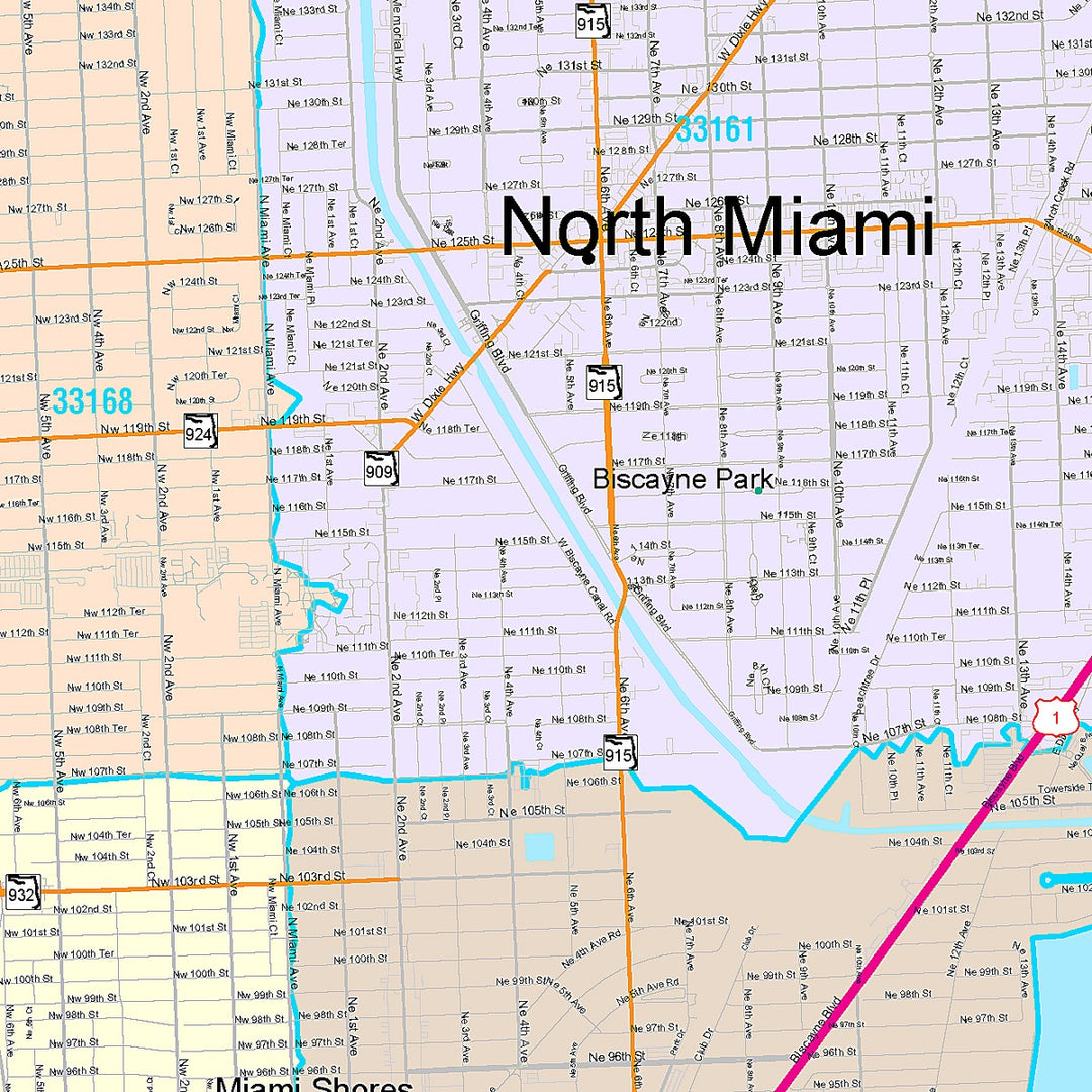 Color Cast Zip Code Style Wall Map of North Miami, FL