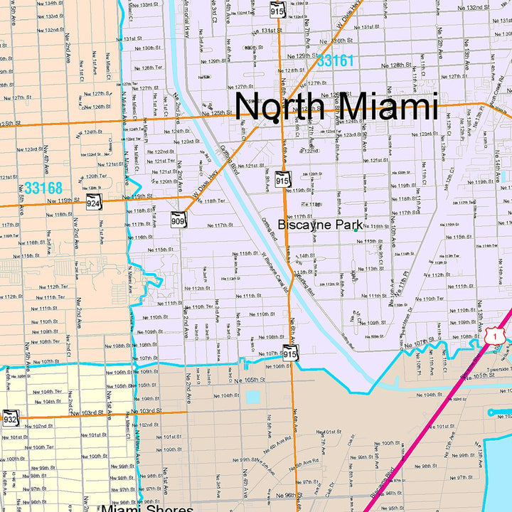 Color Cast Zip Code Style Wall Map of North Miami, FL