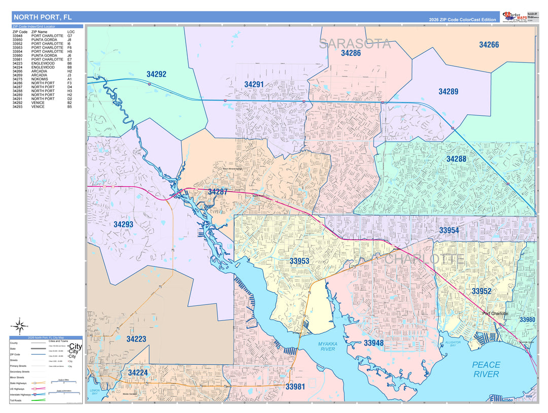 Color Cast Zip Code Style Wall Map of North Port, FL