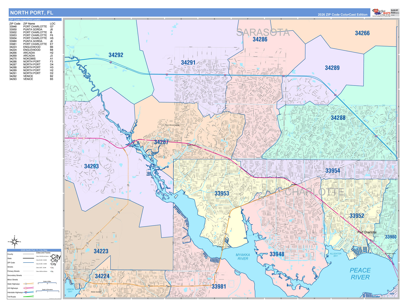 Color Cast Zip Code Style Wall Map of North Port, FL