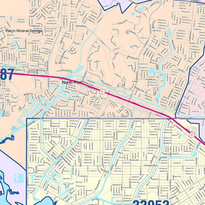 Color Cast Zip Code Style Wall Map of North Port, FL