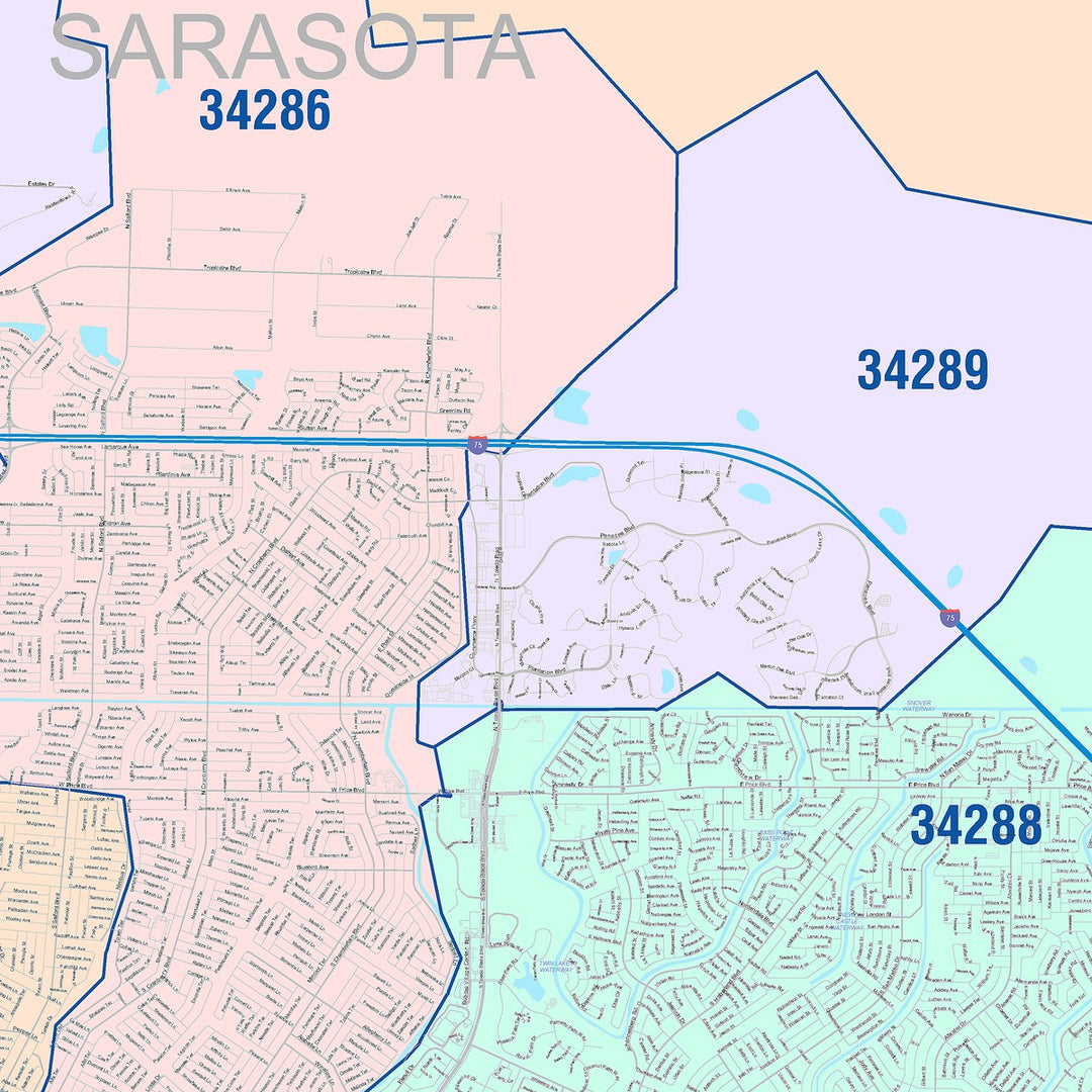 Color Cast Zip Code Style Wall Map of North Port, FL