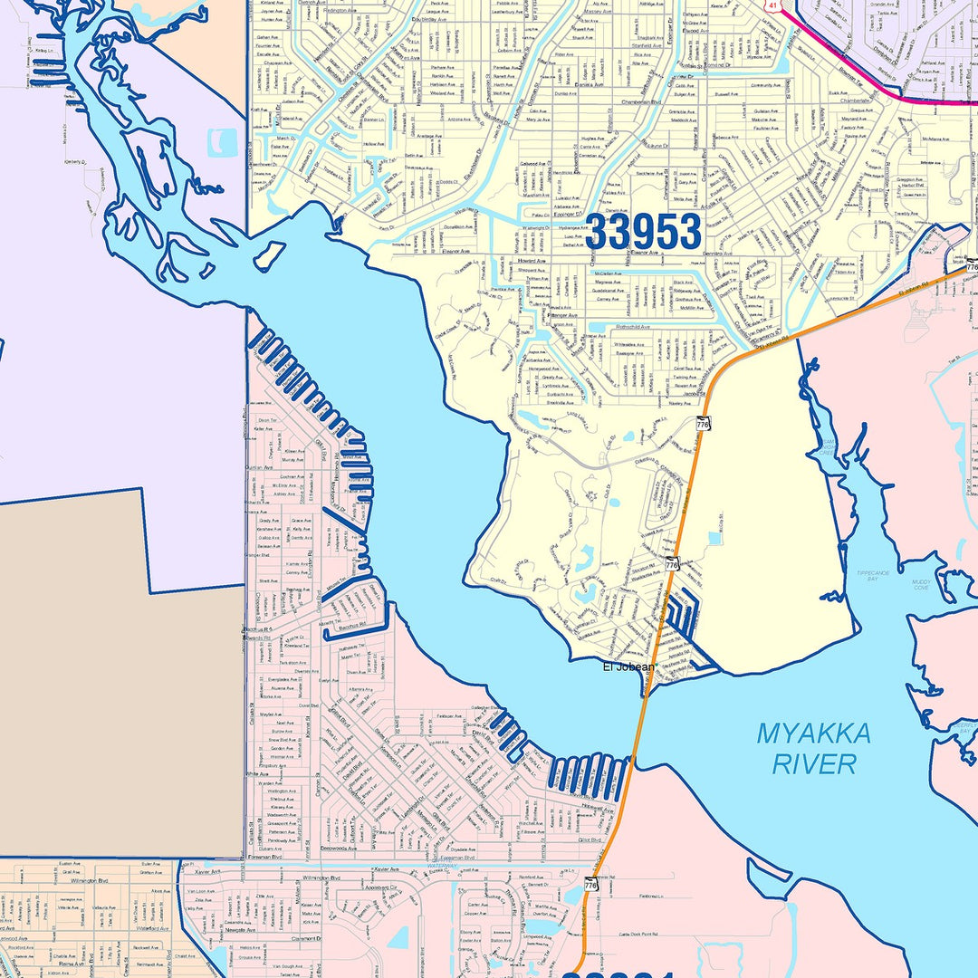 Color Cast Zip Code Style Wall Map of North Port, FL