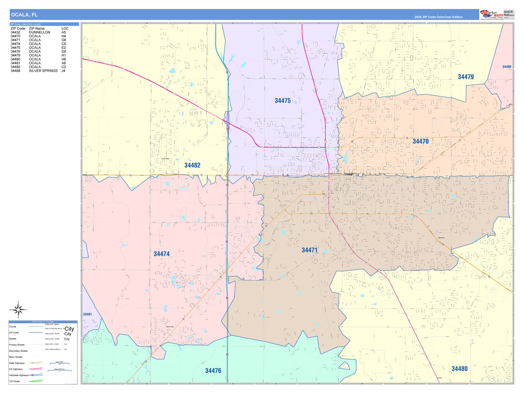 Color Cast Zip Code Style Wall Map of Ocala, FL
