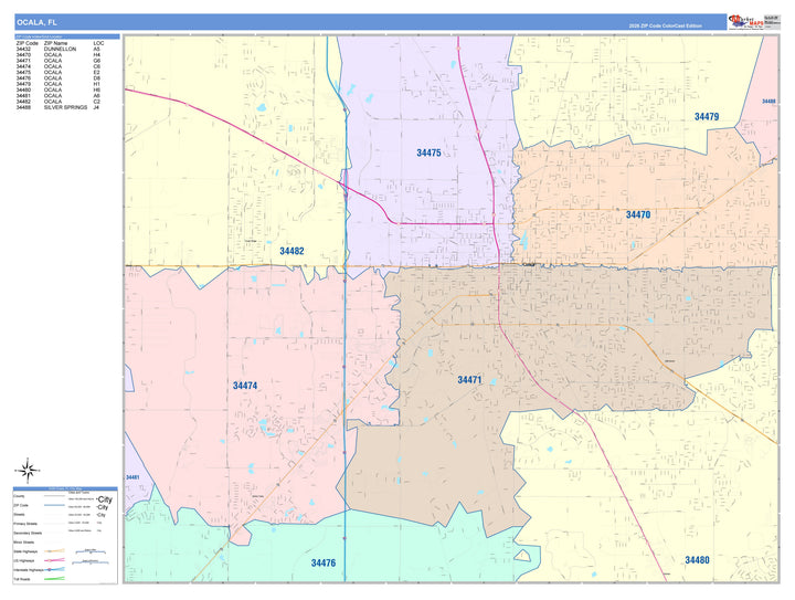 Color Cast Zip Code Style Wall Map of Ocala, FL