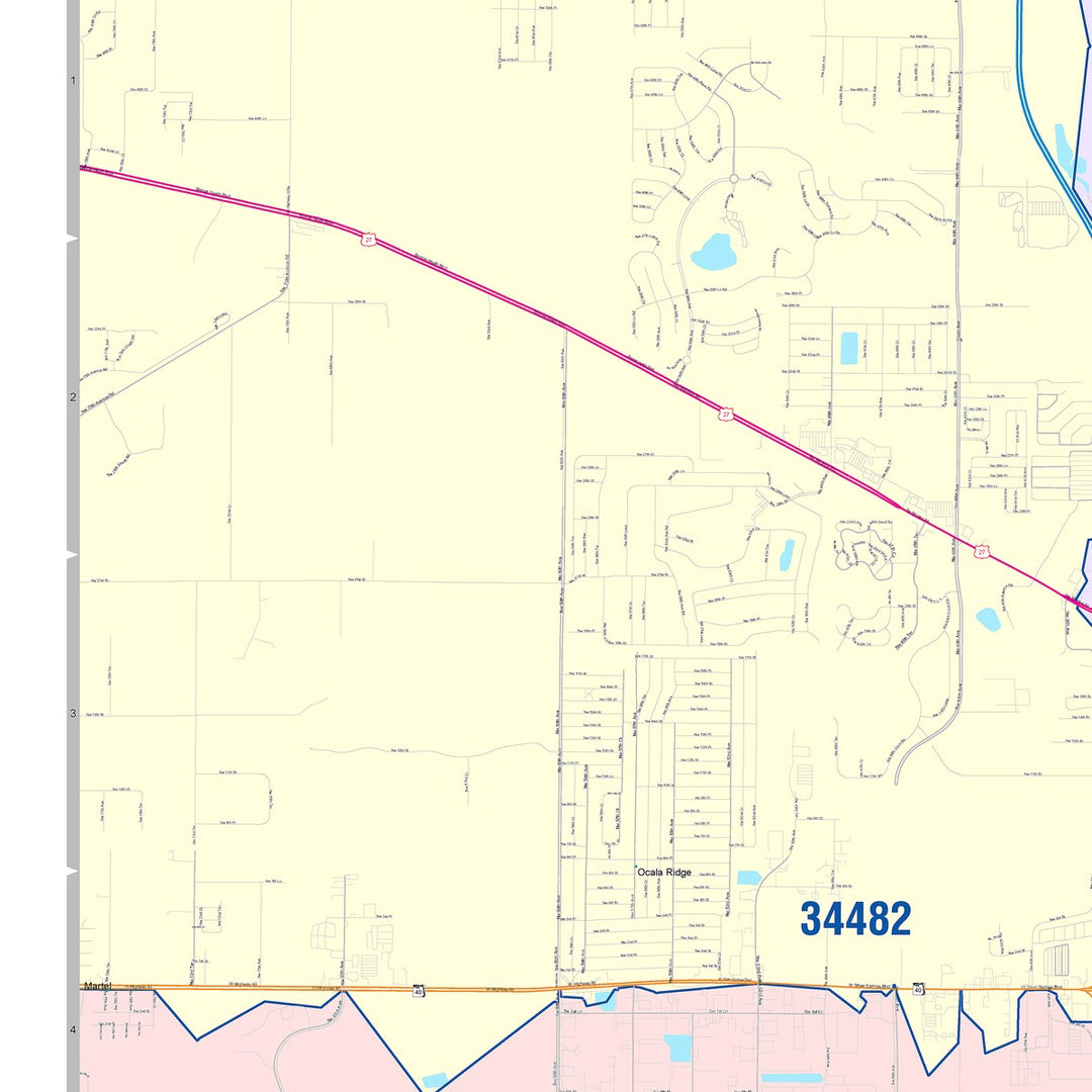 Color Cast Zip Code Style Wall Map of Ocala, FL
