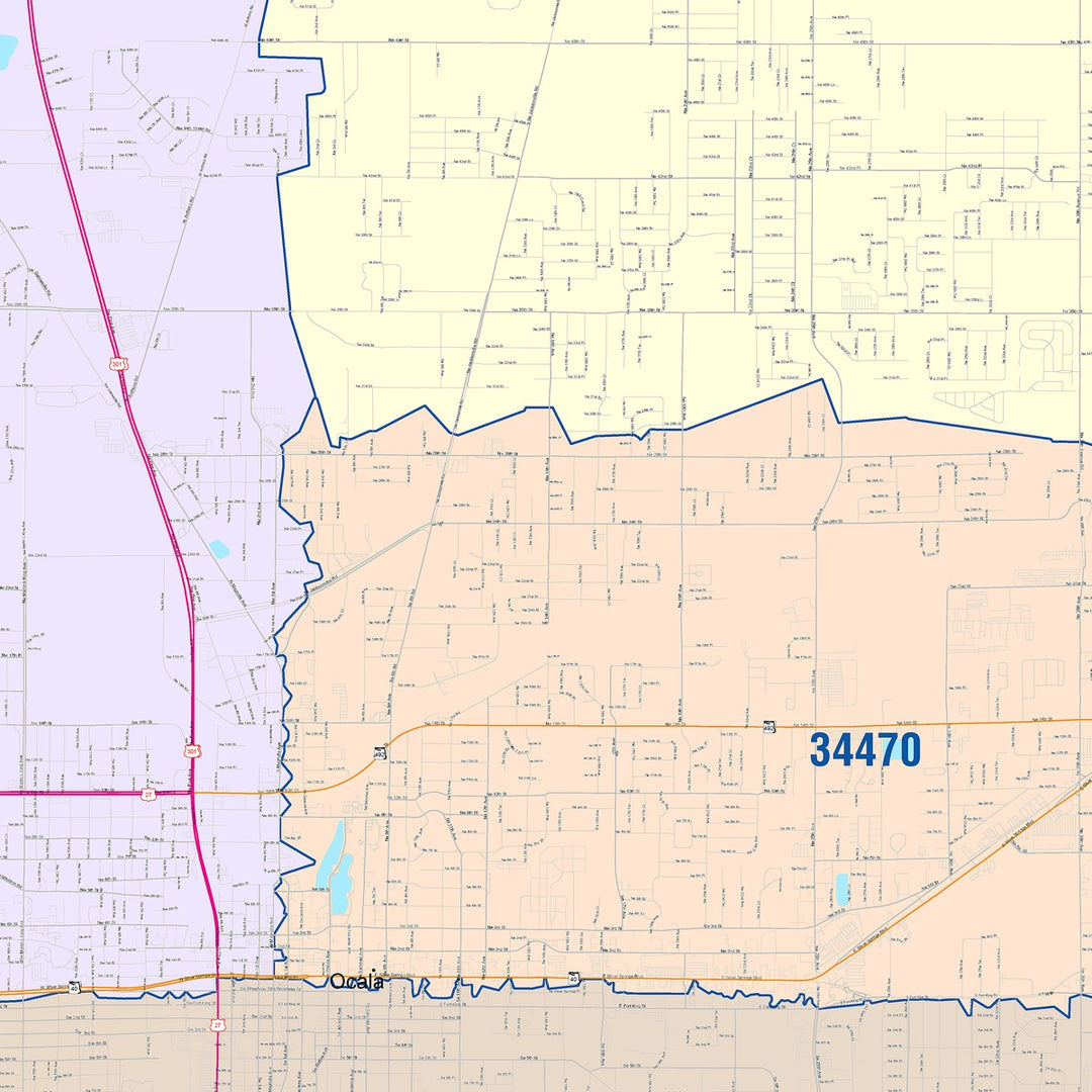 Color Cast Zip Code Style Wall Map of Ocala, FL