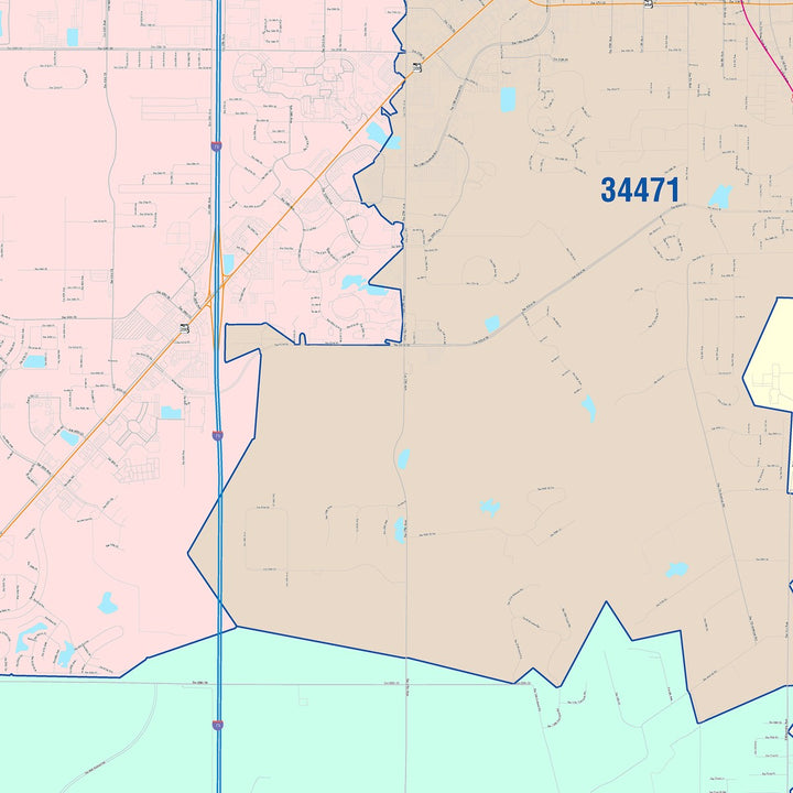 Color Cast Zip Code Style Wall Map of Ocala, FL