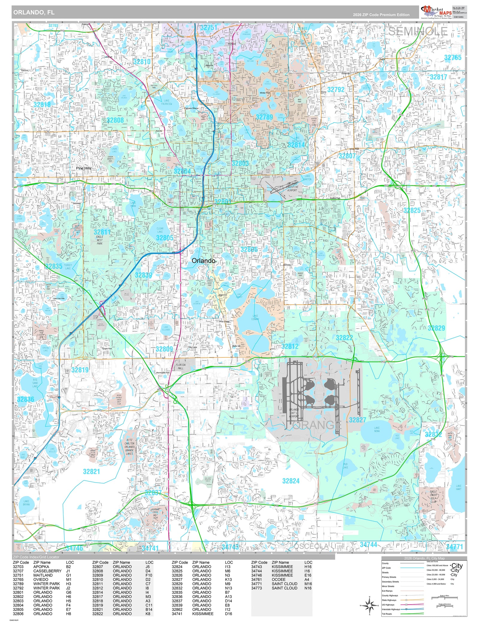Premium Style Wall Map of Orlando FL.
