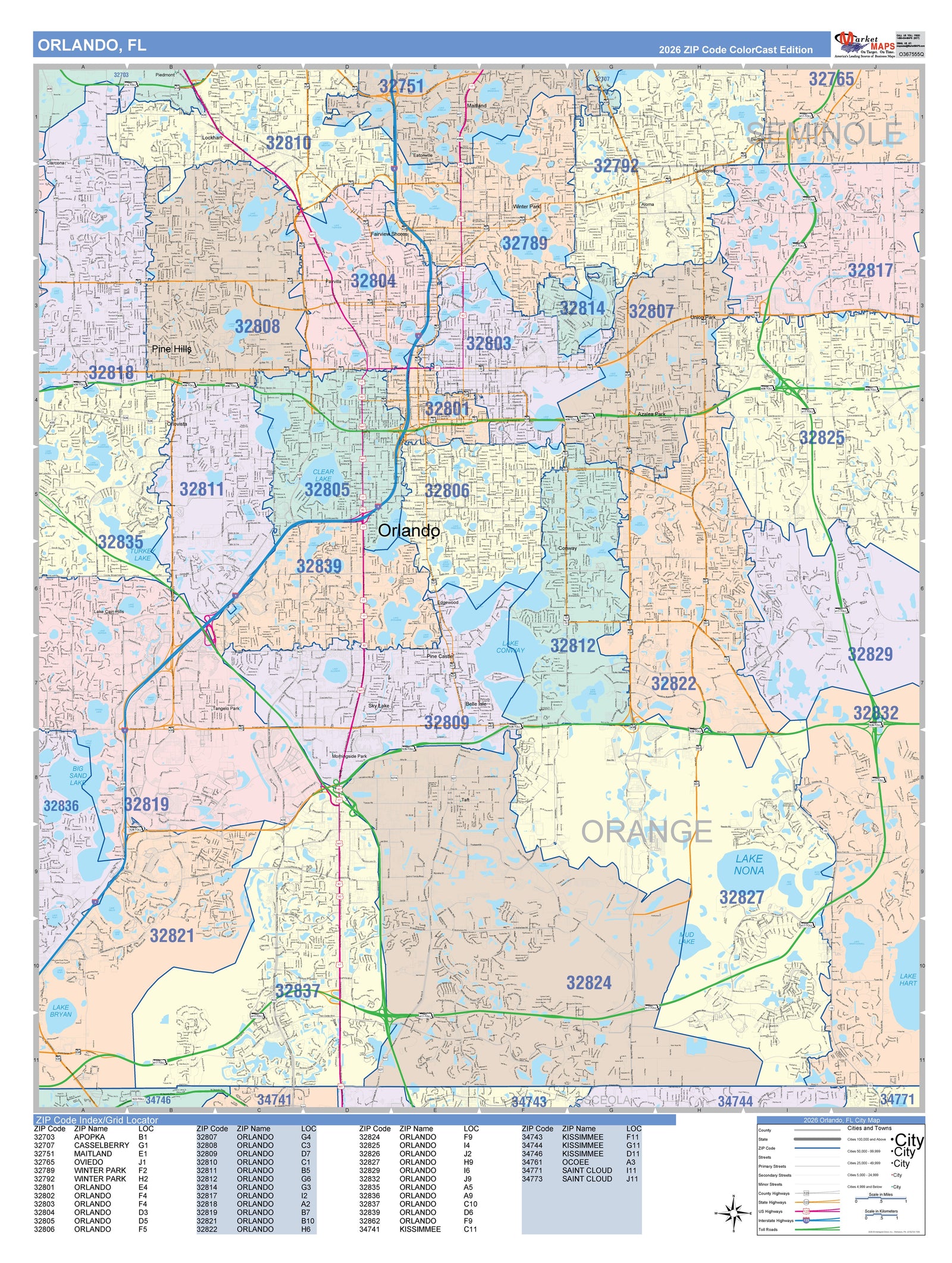 Color Cast Zip Code Style Wall Map of Orlando, FL