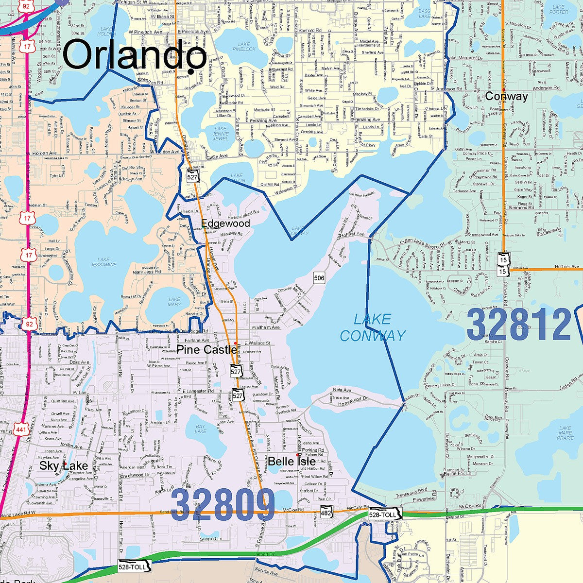 Color Cast Zip Code Style Wall Map of Orlando, FL – American Map Store