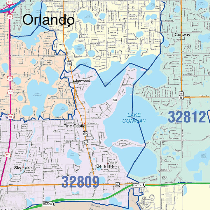 Color Cast Zip Code Style Wall Map of Orlando, FL