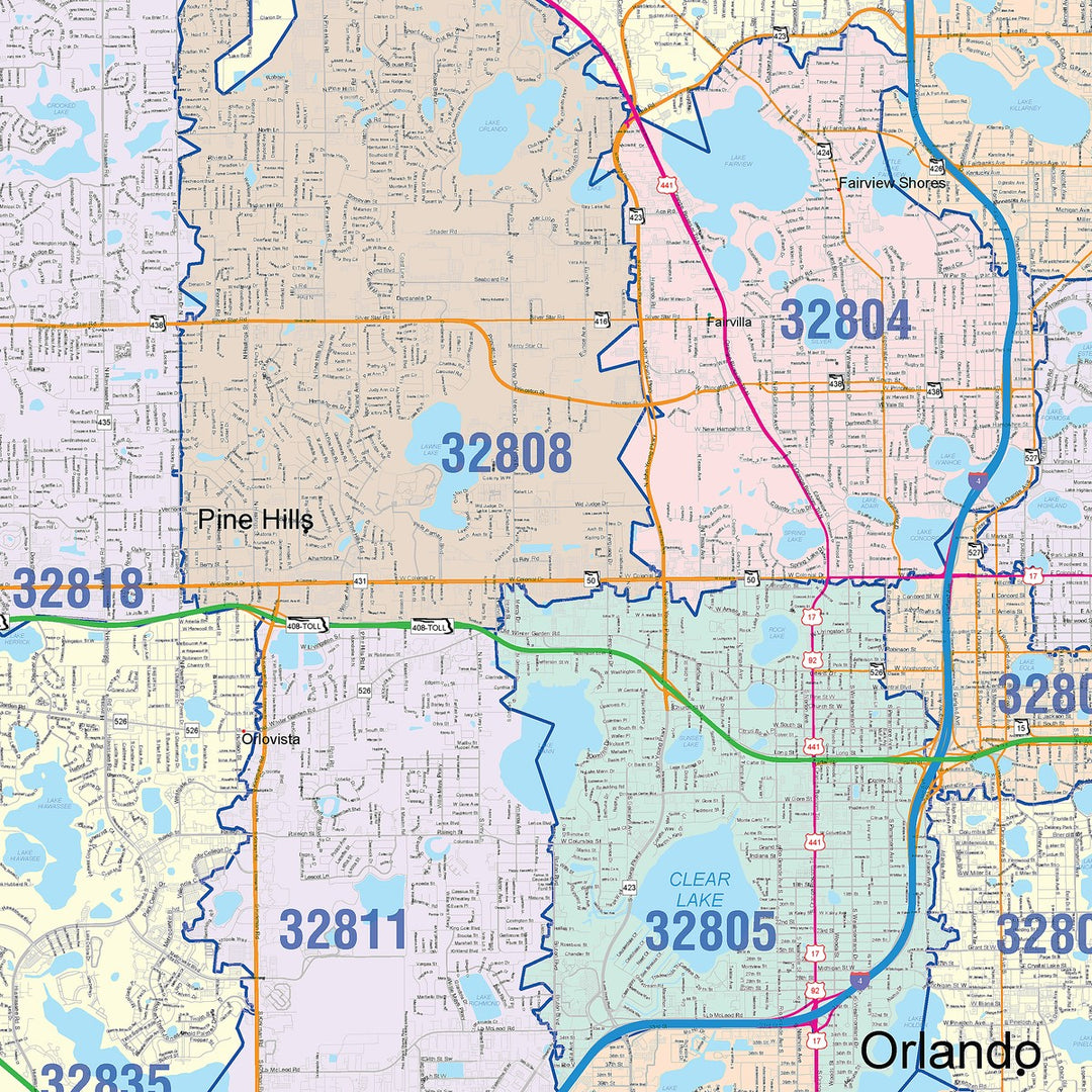 Color Cast Zip Code Style Wall Map of Orlando, FL – American Map Store