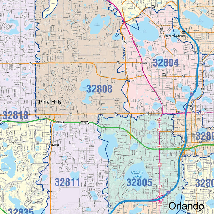 Color Cast Zip Code Style Wall Map of Orlando, FL