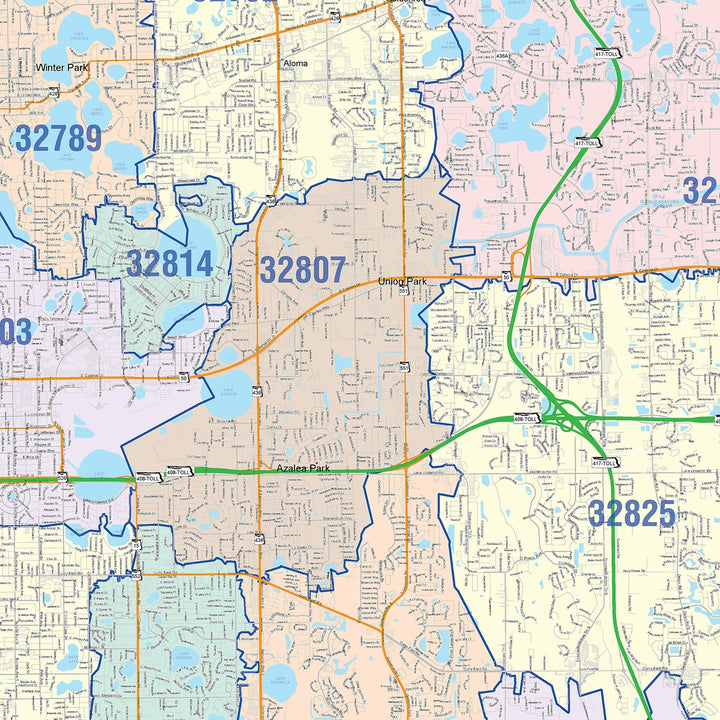 Color Cast Zip Code Style Wall Map of Orlando, FL