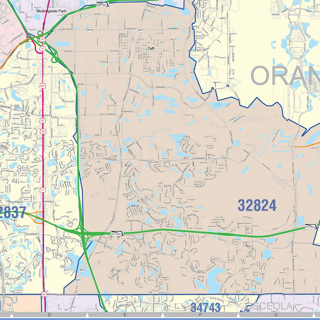 Color Cast Zip Code Style Wall Map of Orlando, FL