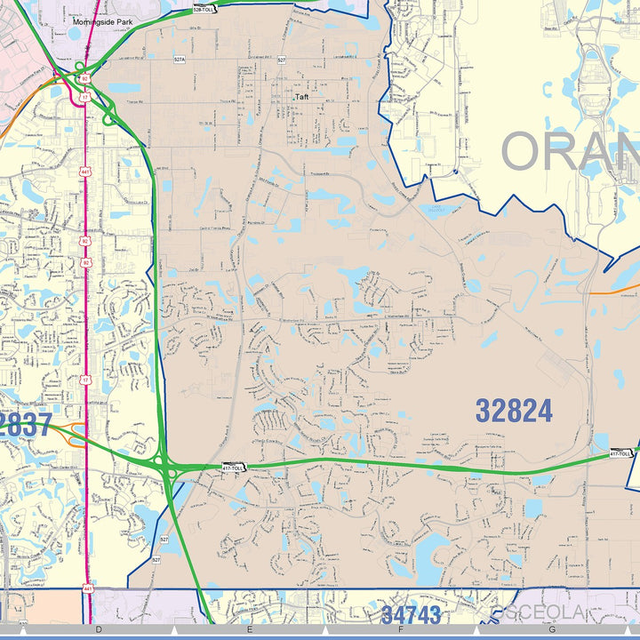 Color Cast Zip Code Style Wall Map of Orlando, FL