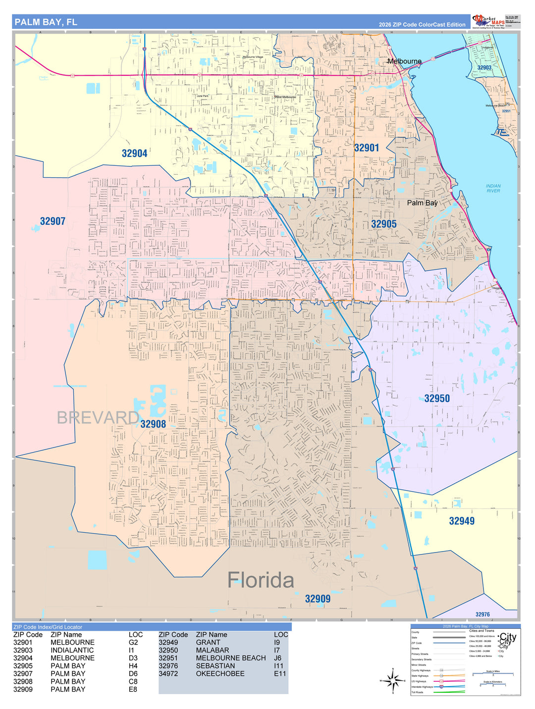 Color Cast Zip Code Style Wall Map of Palm Bay, FL