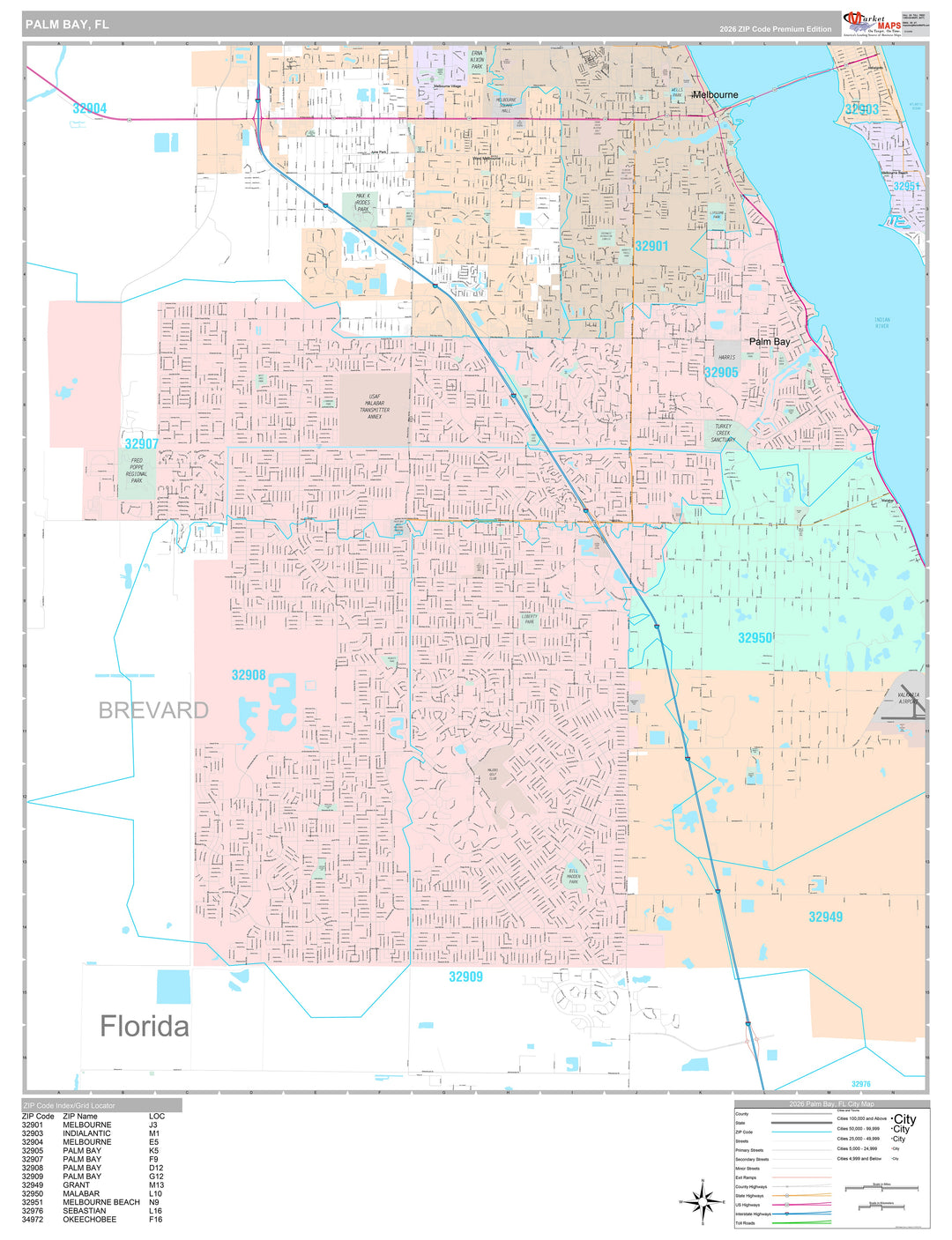 Premium Style Wall Map of Palm Bay, FL