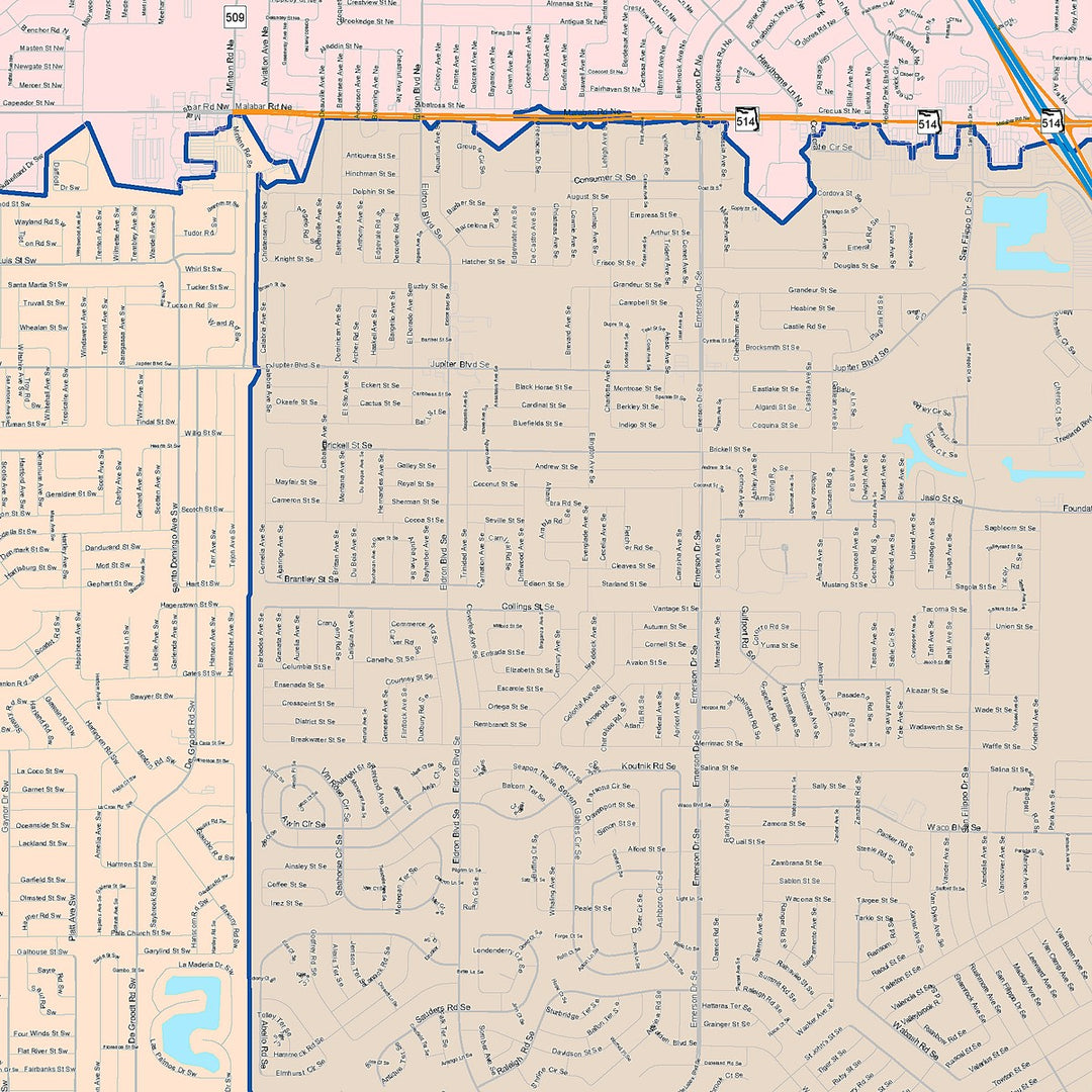 Color Cast Zip Code Style Wall Map of Palm Bay, FL