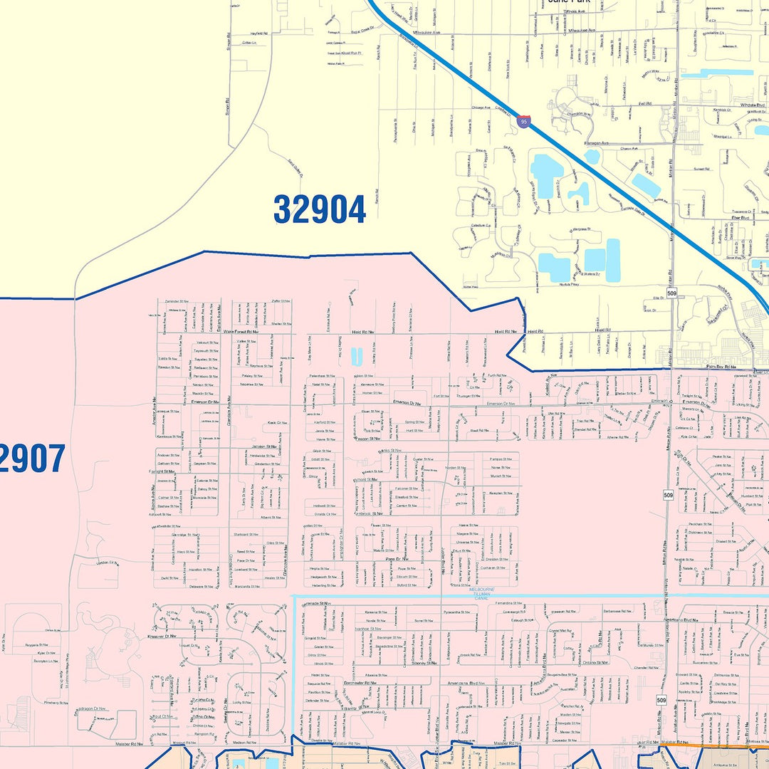 Color Cast Zip Code Style Wall Map of Palm Bay, FL