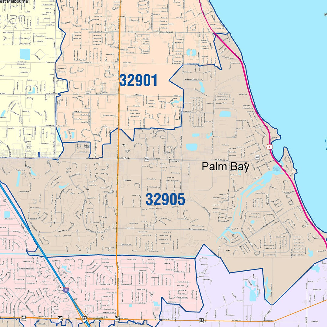 Color Cast Zip Code Style Wall Map of Palm Bay, FL