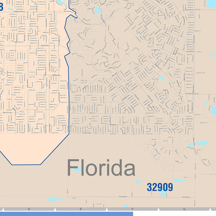 Color Cast Zip Code Style Wall Map of Palm Bay, FL