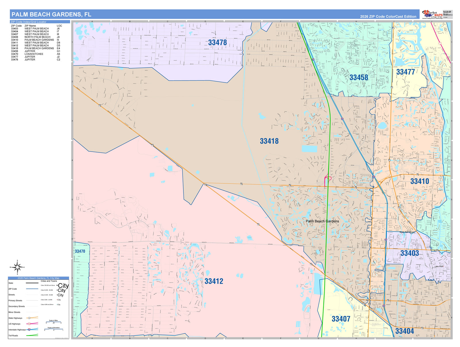 Color Cast Zip Code Style Wall Map of Palm Beach Gardens, FL