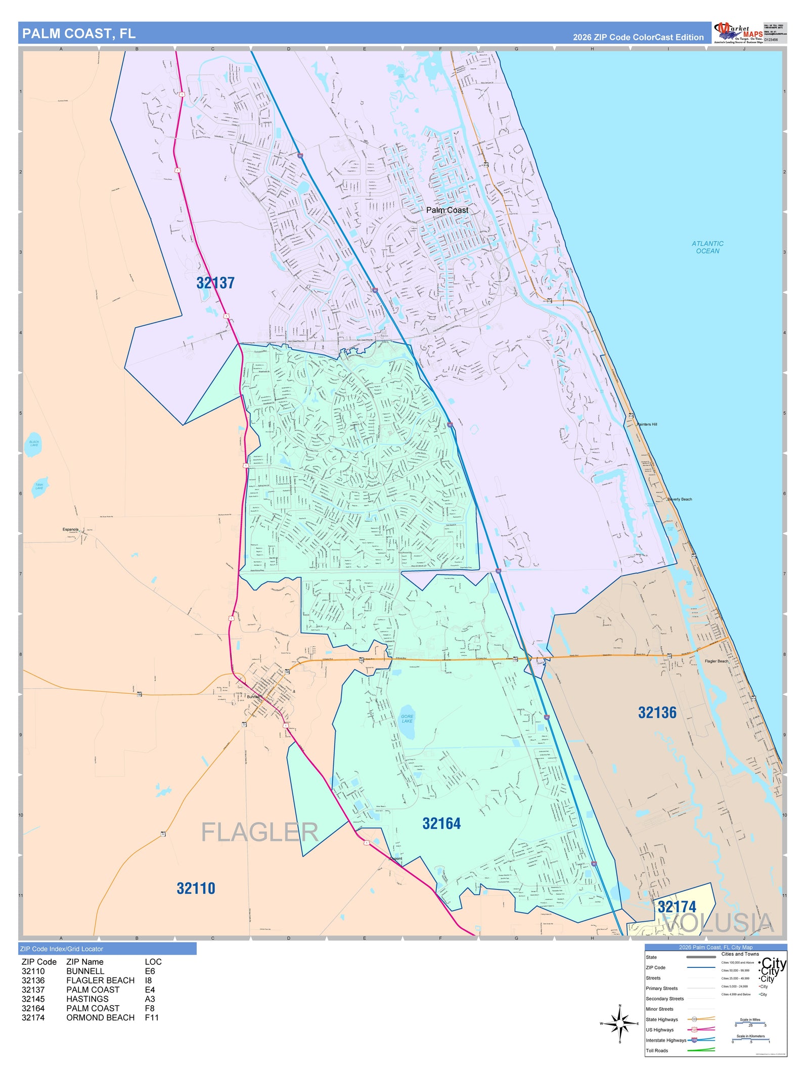 Color Cast Zip Code Style Wall Map of Palm Coast, FL