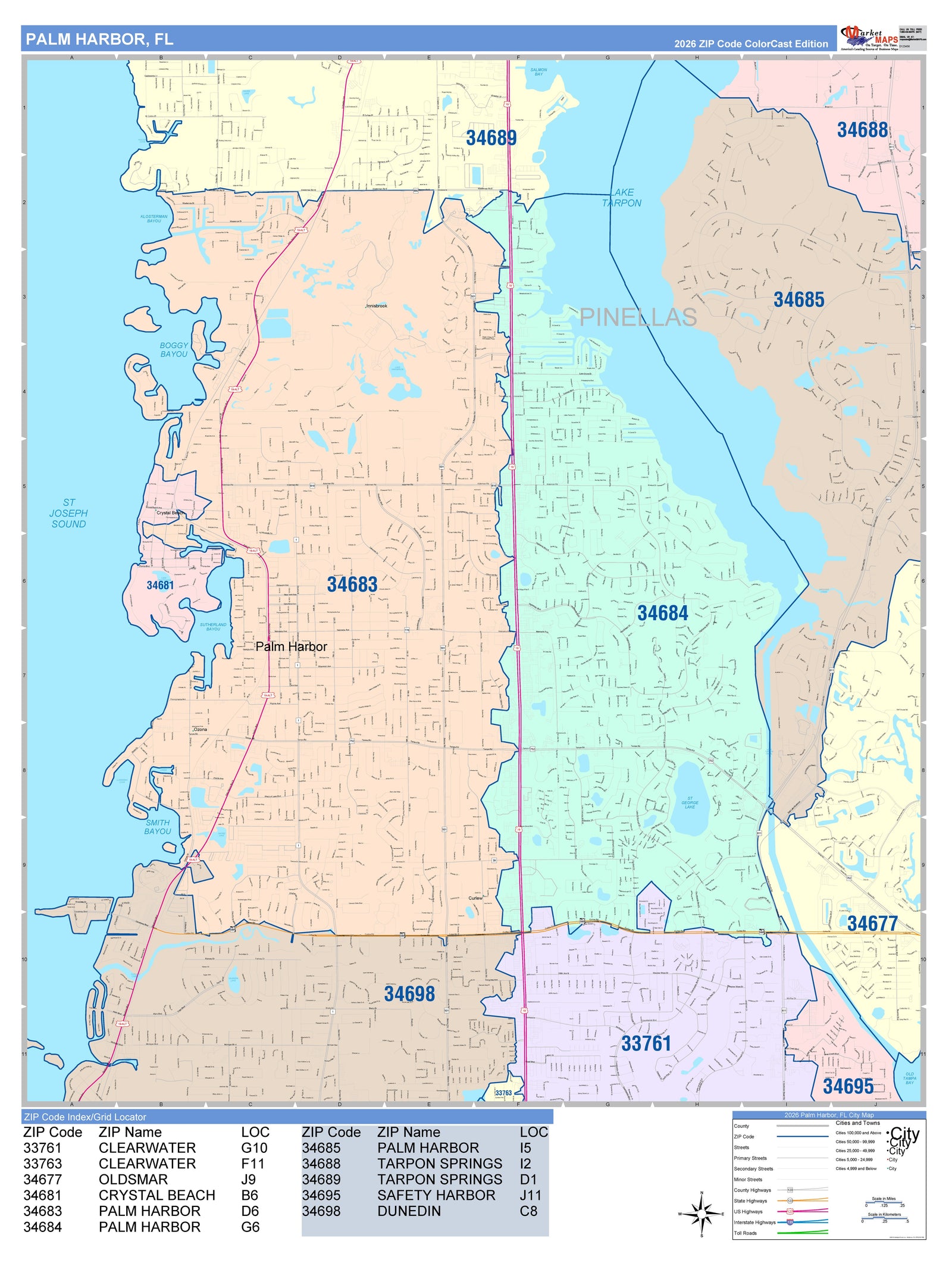 Color Cast Zip Code Style Wall Map of Palm Harbor, FL