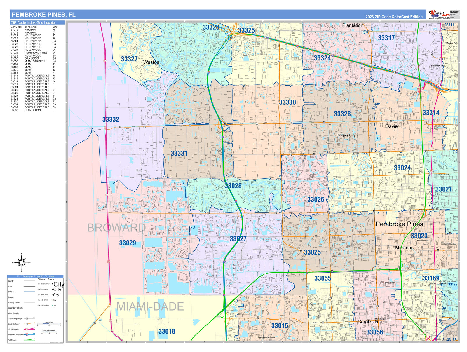 Color Cast Zip Code Style Wall Map of Pembroke Pines, FL