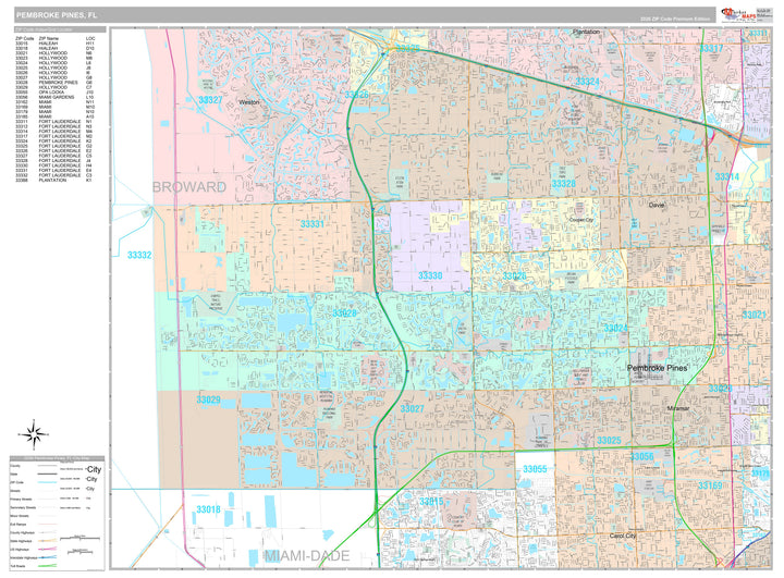 Premium Style Wall Map of Pembroke Pines, FL