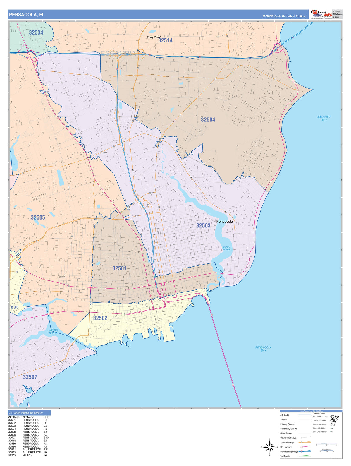 Color Cast Zip Code Style Wall Map of Pensacola, FL – American Map Store