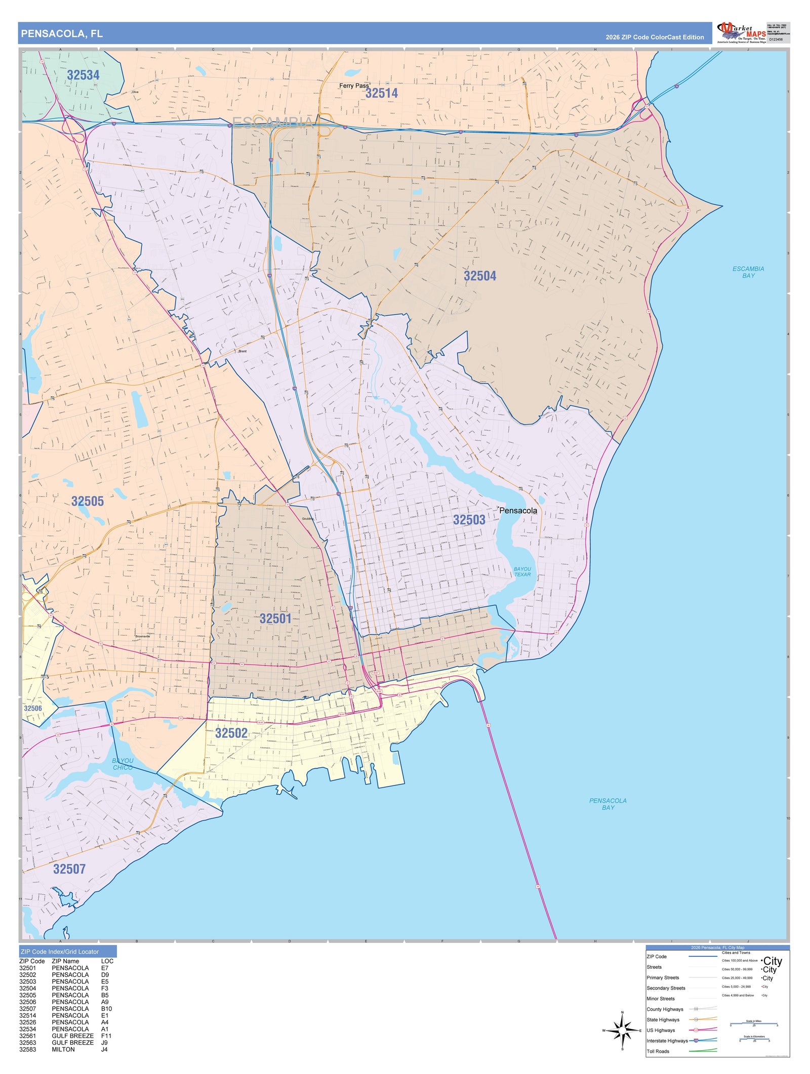 Color Cast Zip Code Style Wall Map of Pensacola, FL
