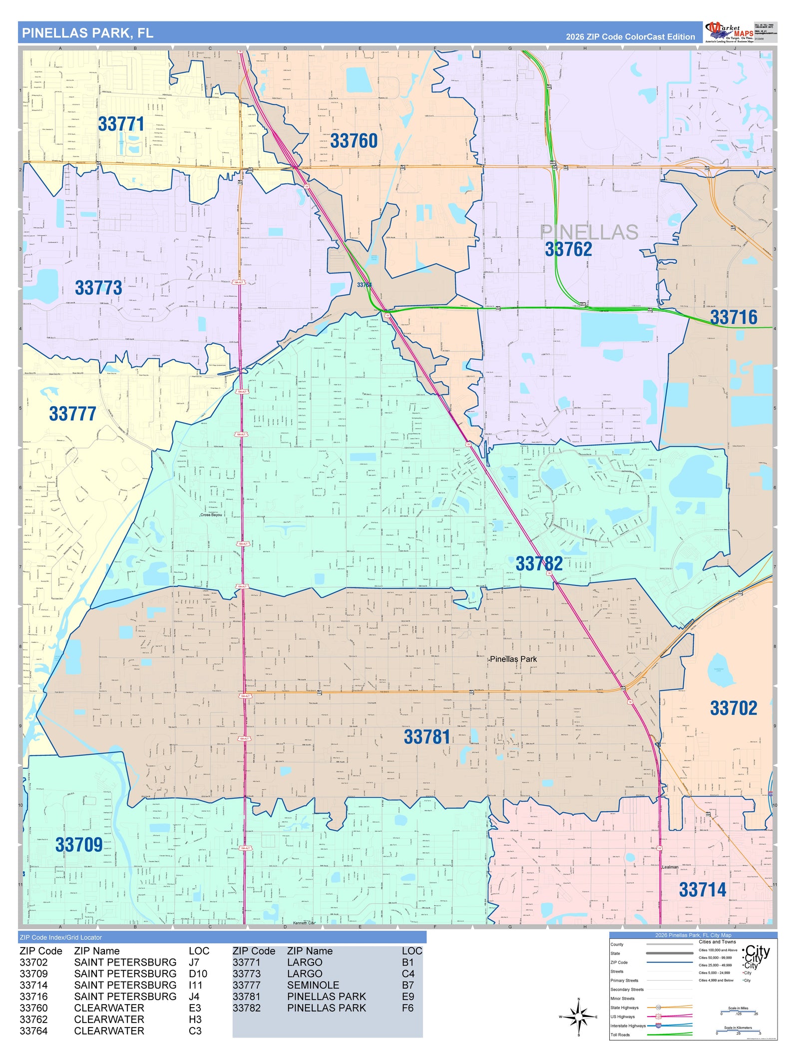 Color Cast Zip Code Style Wall Map of Pinellas Park, FL